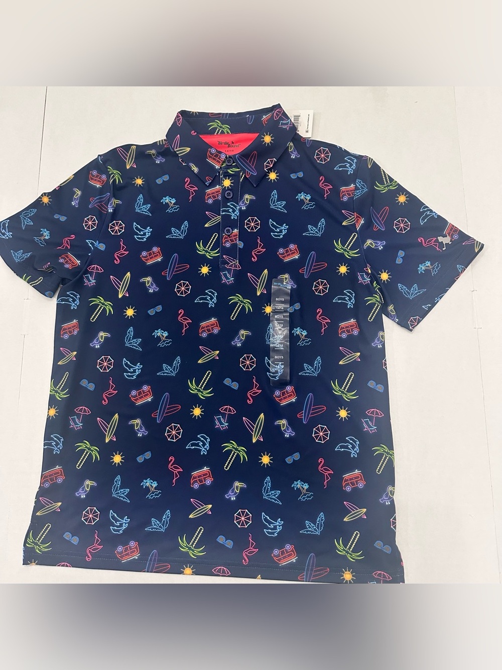 Birdie Bound Boys Performance Neon Florida Trip Graphic Print Golf Polo XL 14/16